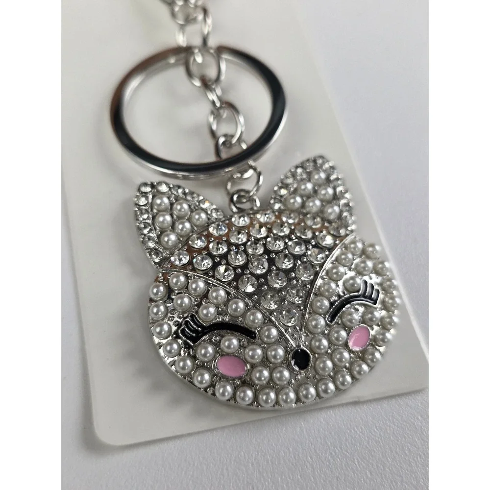 Pastel Collection Fox Bag Charm Key Chain Silver NEW Pearl Rhinestone